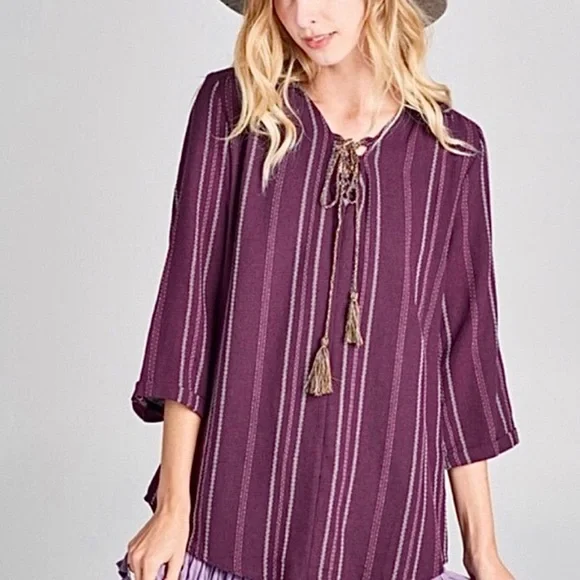 BOHO shirt woven knit TOP variegated stripe jacquard top S TRENDING deep Purple - Picture 5 of 16